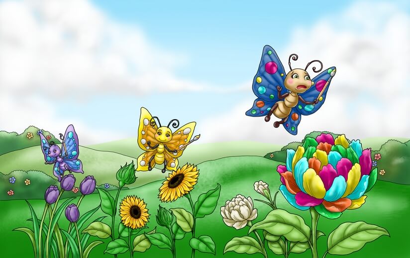 A colorful butterfly looking confused after painting a multi-colored flower.