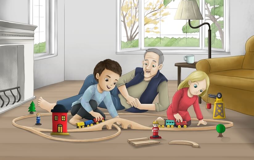 Grandpa playing with his grandson and the grandson's girlfriend in a living room.