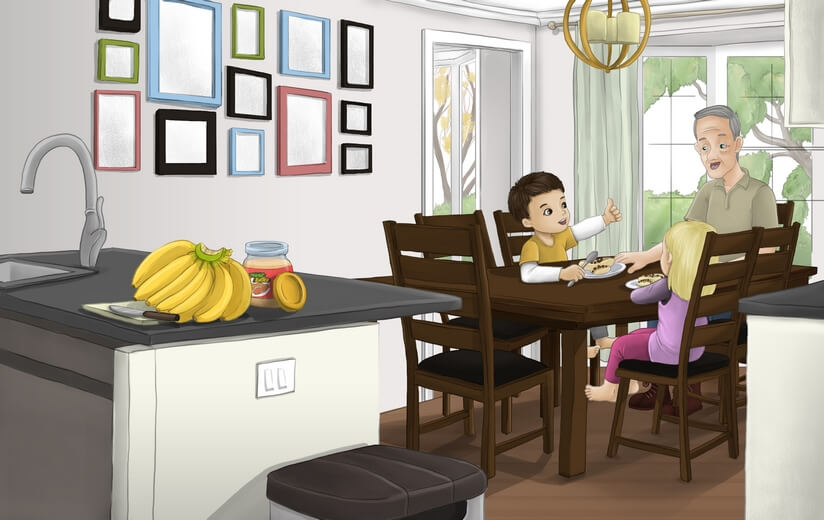 Grandpa explaining about food allergies at the dining table.