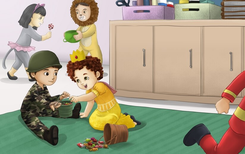 A boy separating candies containing peanuts because of his friend's food allergy.