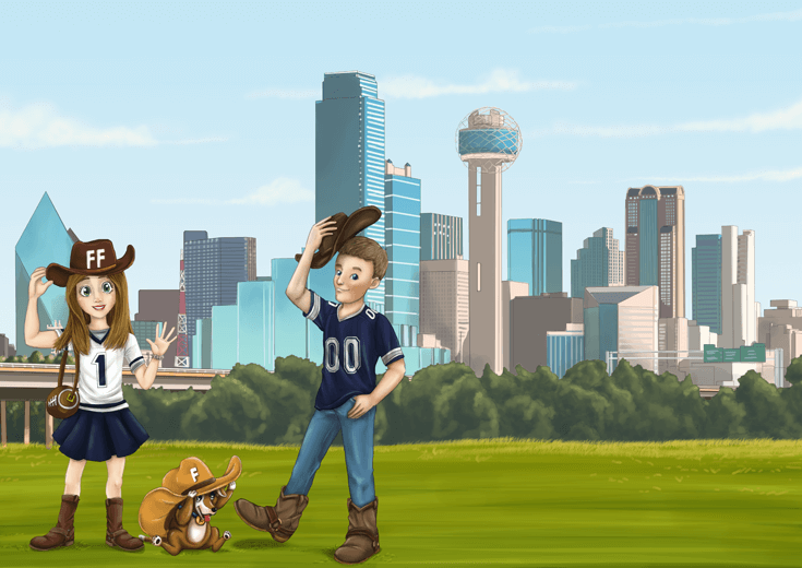 A girl and her friend posing before the Dallas city skyline.