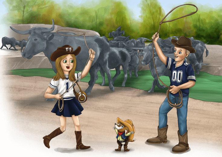 A girl and her friend in front of the Cattle Drive statue in Dallas.