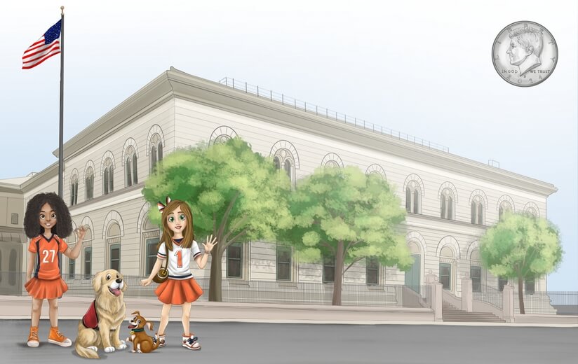 Freddie and a friend standing outside the Denver Mint.