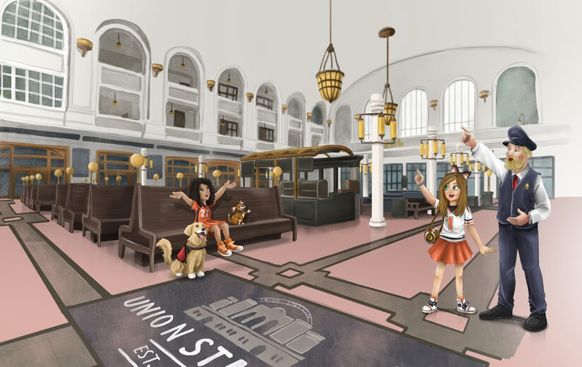 Freddie and her friends speaking with the station master at Denver Union Station.