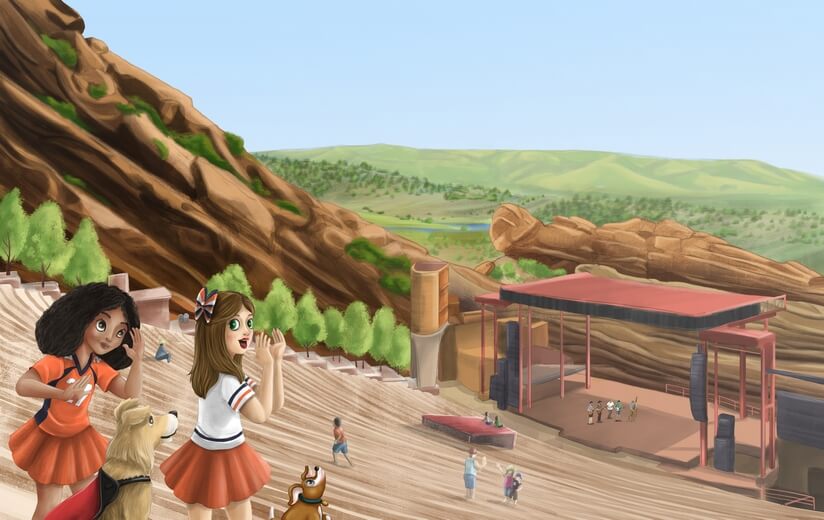 Freddie and her friends at Red Rocks Amphitheatre, watching a music group prepare for a performance.