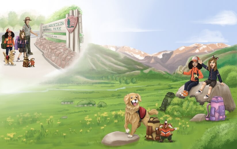 Freddie and her friend seated on a wide, grassy field within Rocky Mountain National Park.