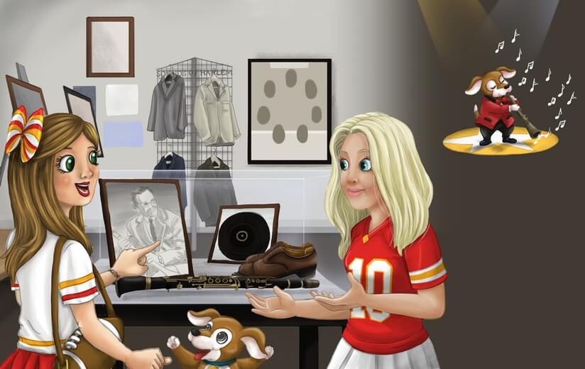 Freddie and her friend exploring the American Jazz Museum in Kansas City.