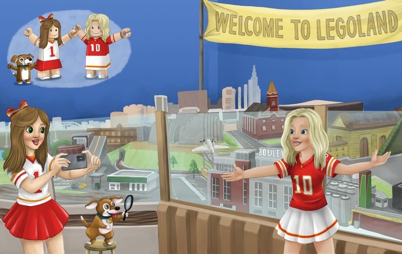 Freddie and her friend standing in front of the Kansas City miniature display at Legoland Discovery Center.