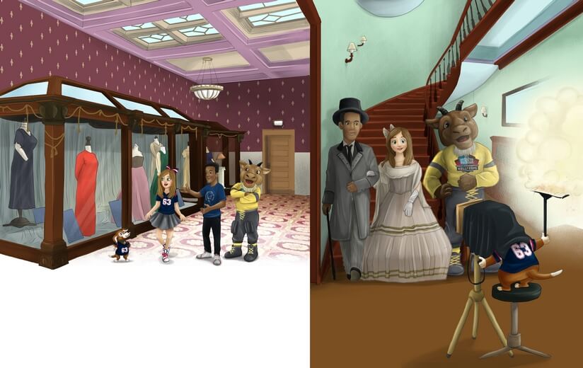 Freddie and her friend posing in party dresses at the First Ladies National Historic Site.