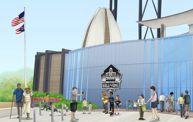 Freddie and her friends in front of the NFL Hall of Fame Museum in Canton, Ohio.