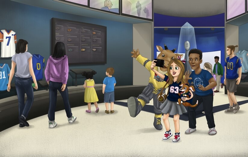 Freddie and her friend exploring the Football Hall of Fame museum in Canton.