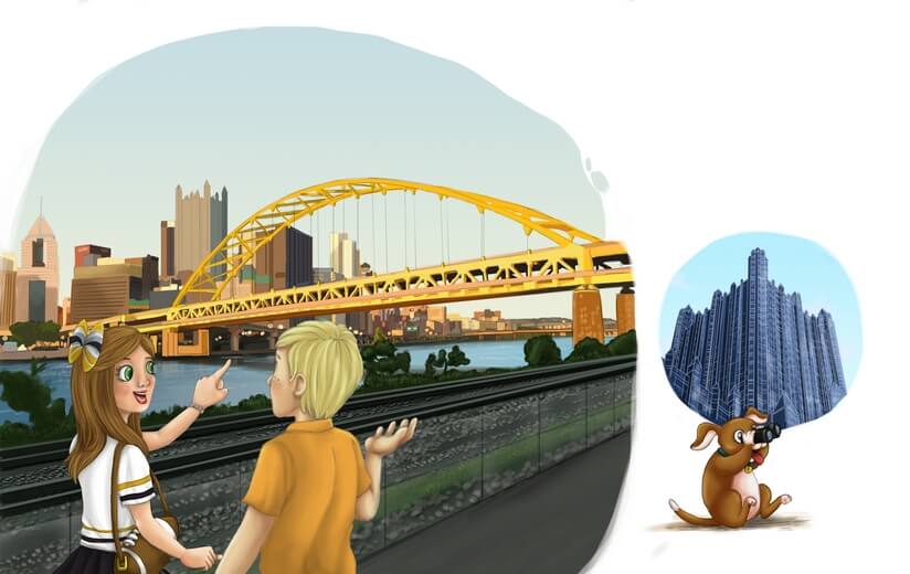 Freddie and her friend visiting the Fort Pitt Bridge in Pittsburgh.