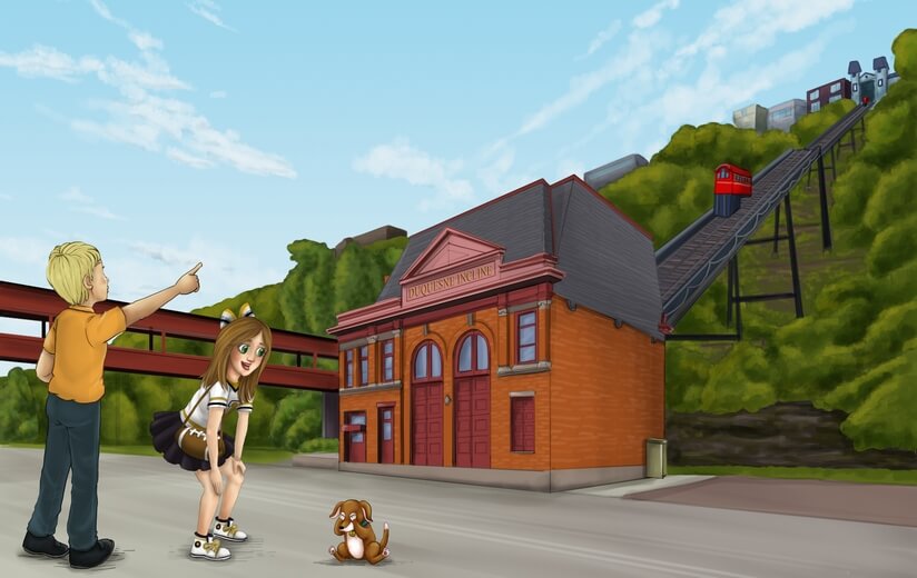 Freddie and her friend about to ride the Duquesne Incline cable car.