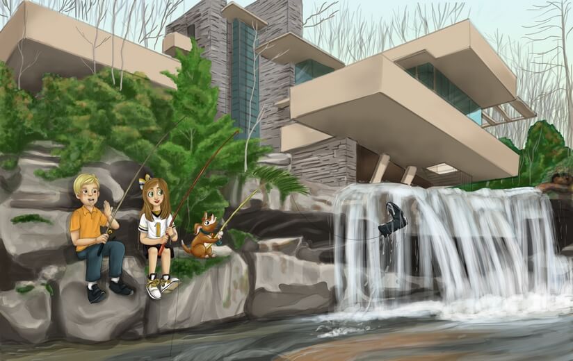 Freddie and her friend fishing near Fallingwater, designed by Frank Lloyd Wright.