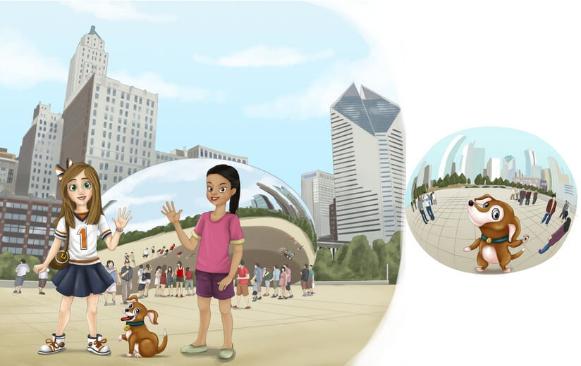 Freddie and her friend at the Cloud Gate sculpture in Chicago.