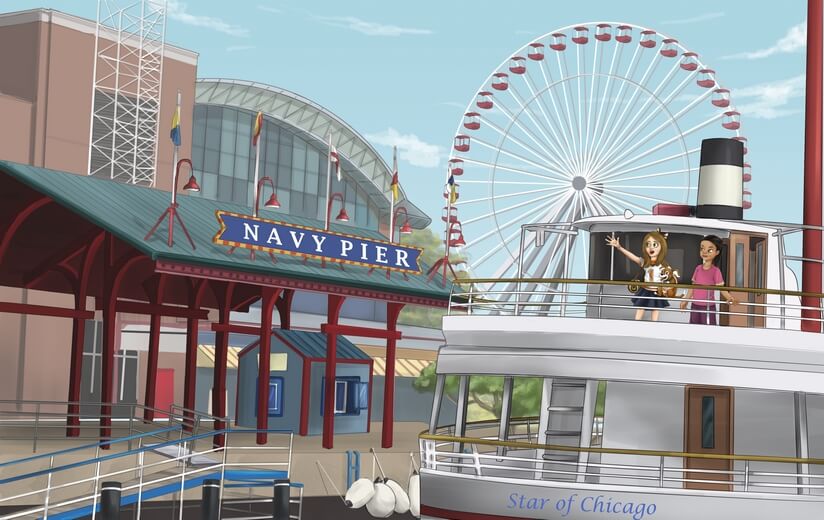 Freddie and a friend enjoying a boat ride at Chicago Navy Pier.