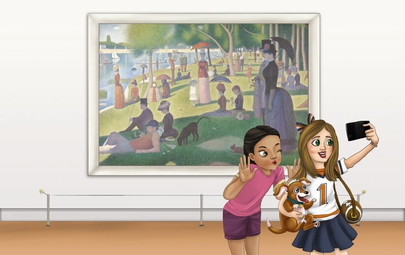 Freddie and her friend posing before a painting in a museum.