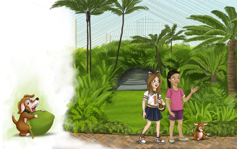 Freddie and a friend inside the Palm Room of the Garfield Park Conservatory.