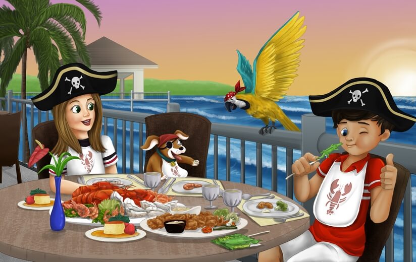 A girl and her friend enjoying seafood in a Tampa Bay seaside restaurant.