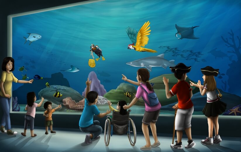 A girl and her friend observing marine life at The Florida Aquarium in Tampa Bay.