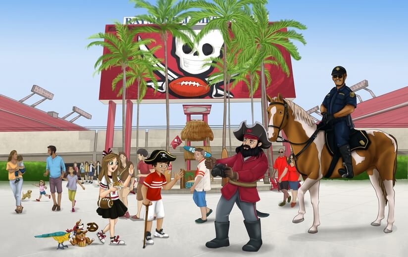 A girl and her friend amidst football fans before a game at Raymond James Stadium.