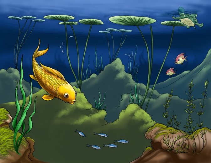 A fish swimming in a clear pond, with lotus leaves in the background.