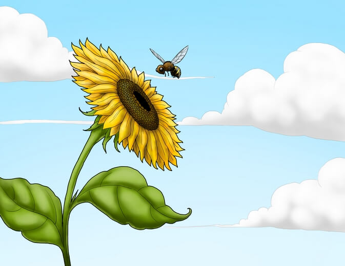 A bee flying near a sunflower.
