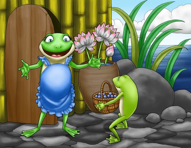 A frog boy giving a basket of blueberries to his mom.