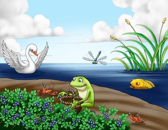 A frog boy collecting blueberries on an island across a pond.