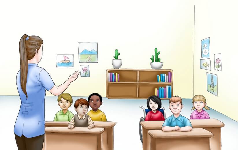 A boy starting in a new classroom, meeting new friends.