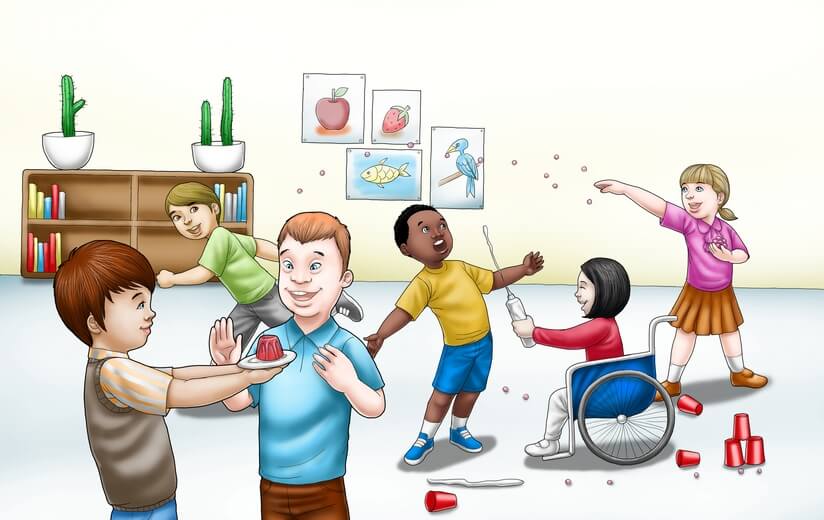 A boy interacting and playing with his new schoolmates.