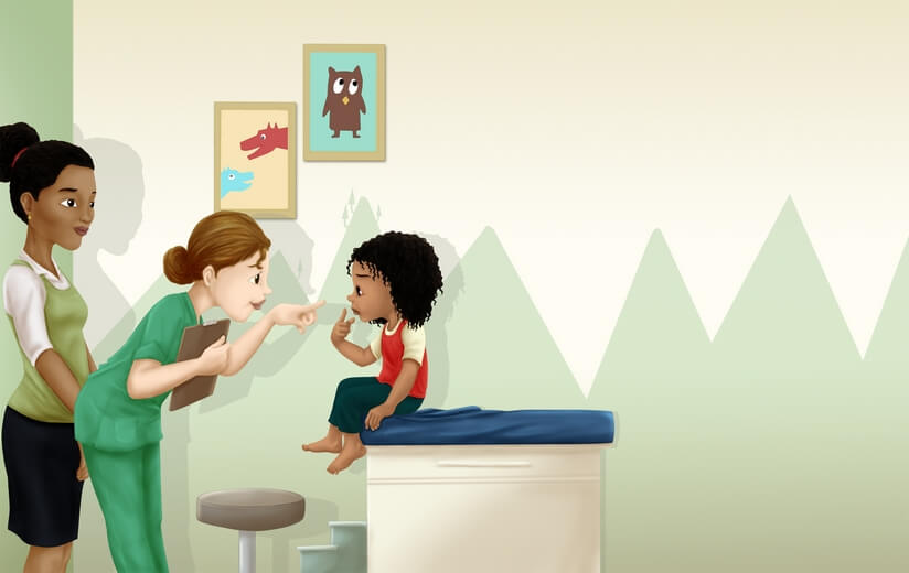 A mother taking her daughter to an ophthalmologist.