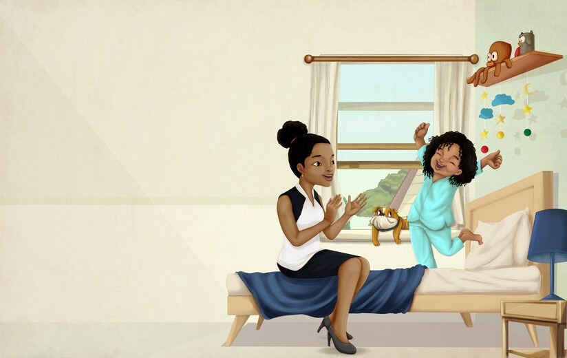 A girl waking up cheerfully after a good night's rest.