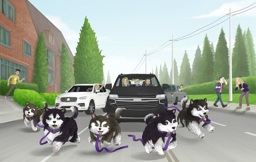 Puppies causing mayhem in busy traffic.