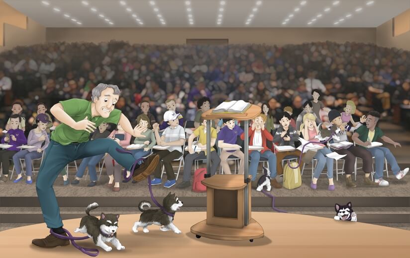 Puppies causing a commotion during a lecture.