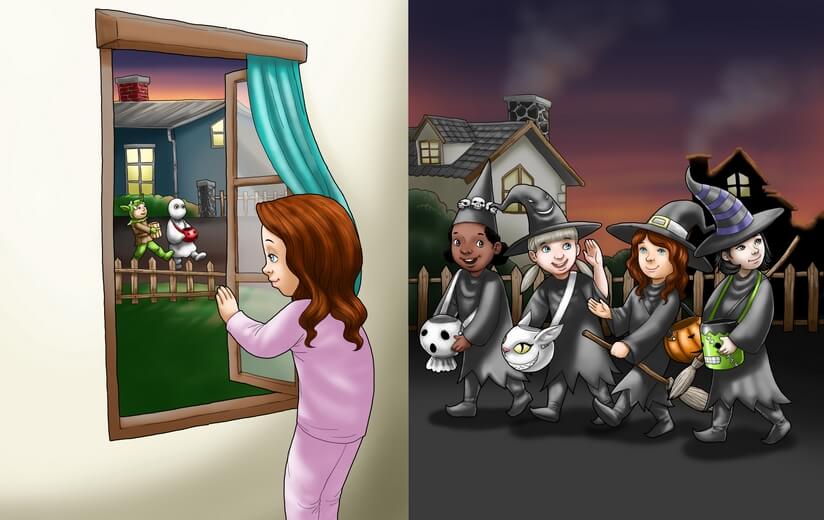 Four girls dressed as witches trick-or-treating on Halloween night.