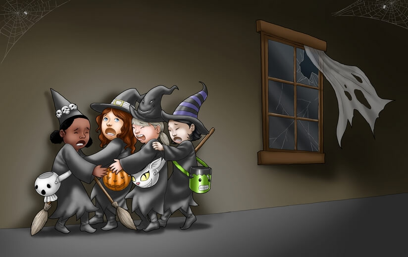 Four girls in witch costumes scared by wind sounds inside a house.
