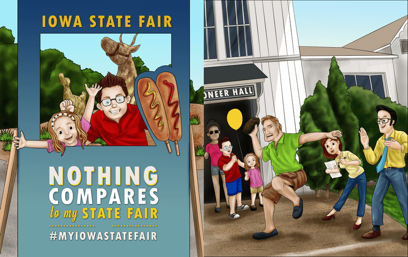 Children taking a picture at the Iowa State Fair's photo frame.