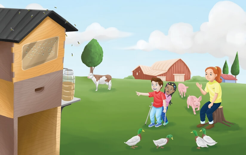 Students watching bees produce honey in beehives, with a barn nearby.