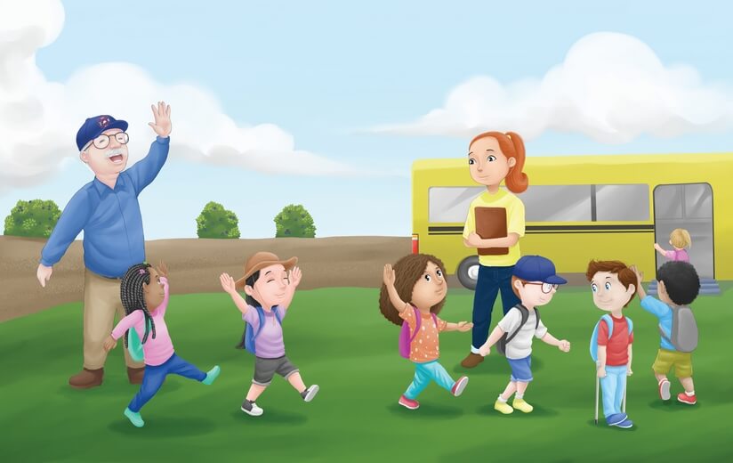 Students boarding a school bus after their field trip at a blueberry farm.