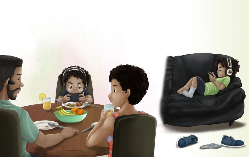 A boy constantly looking at his phone, both at the dining table and during leisure.
