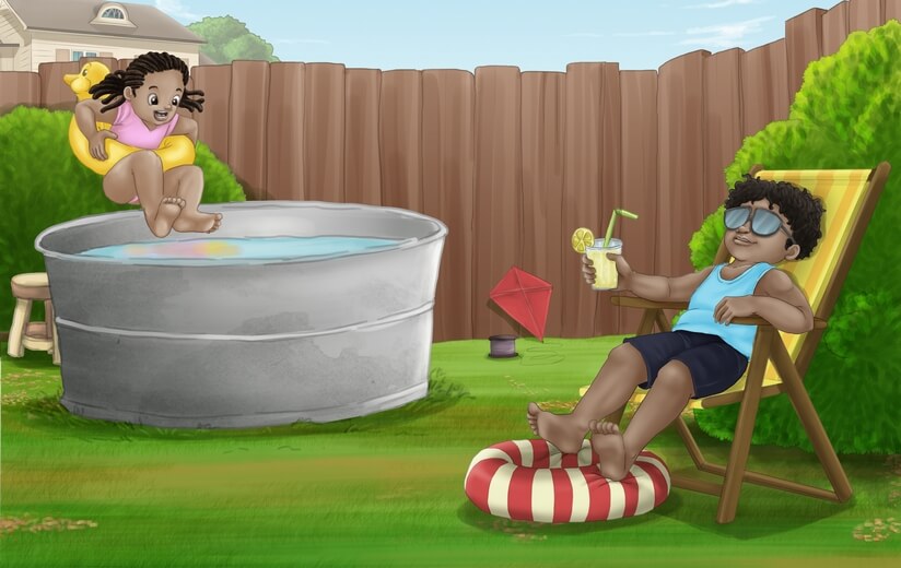 A boy and his sister relaxing in their backyard, engaged in activities other than phone use.