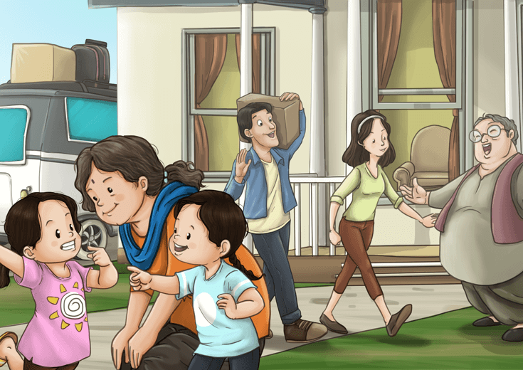 A family arriving at their grandparents' home for a holiday visit.