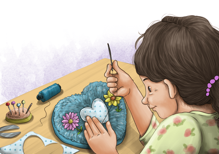 Grandmother sewing a tooth fairy pillow for her granddaughter.