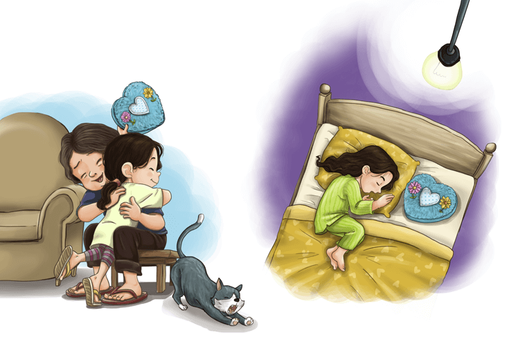 A girl sleeping with the tooth fairy pillow her grandmother gave her.