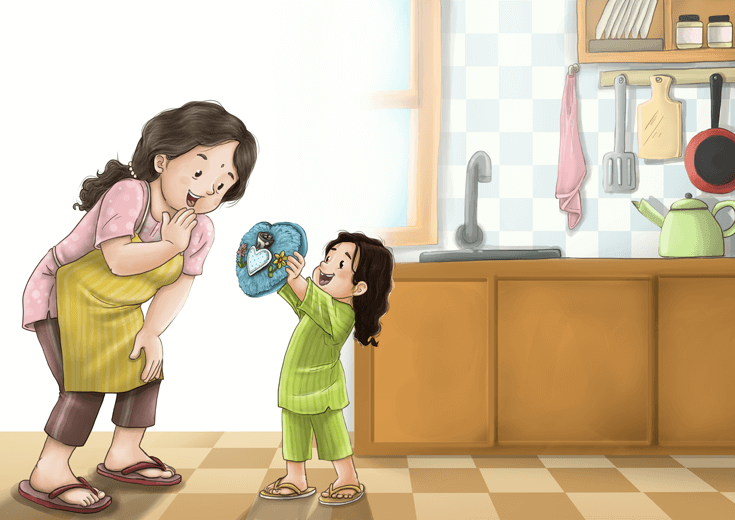 A girl showing her tooth fairy pillow to her grandmother.