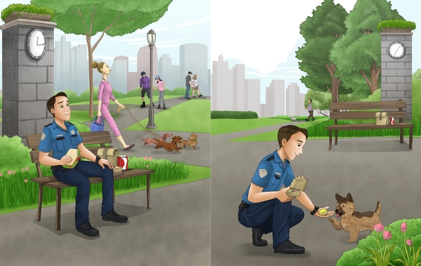 Lou having lunch in a park when he met a puppy.