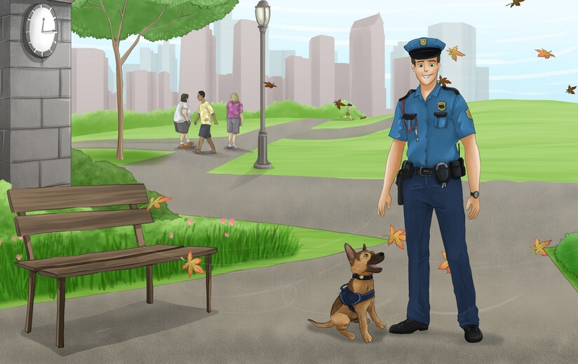 Lou adopts the puppy, and they undergo training together.