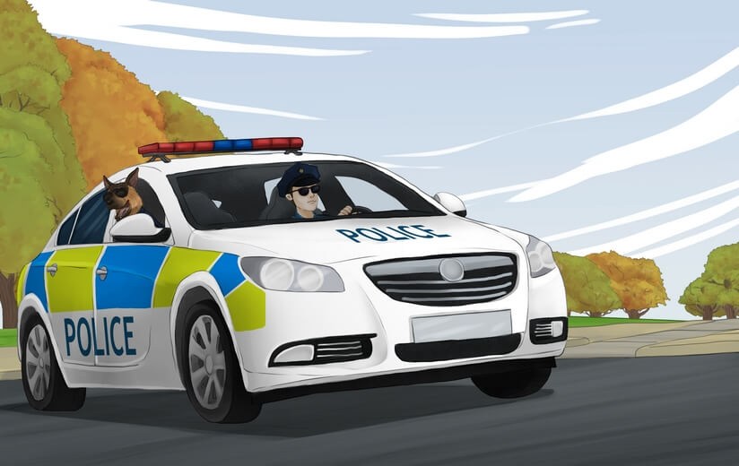 Lou and his dog partner patrolling the neighborhood in a police car.