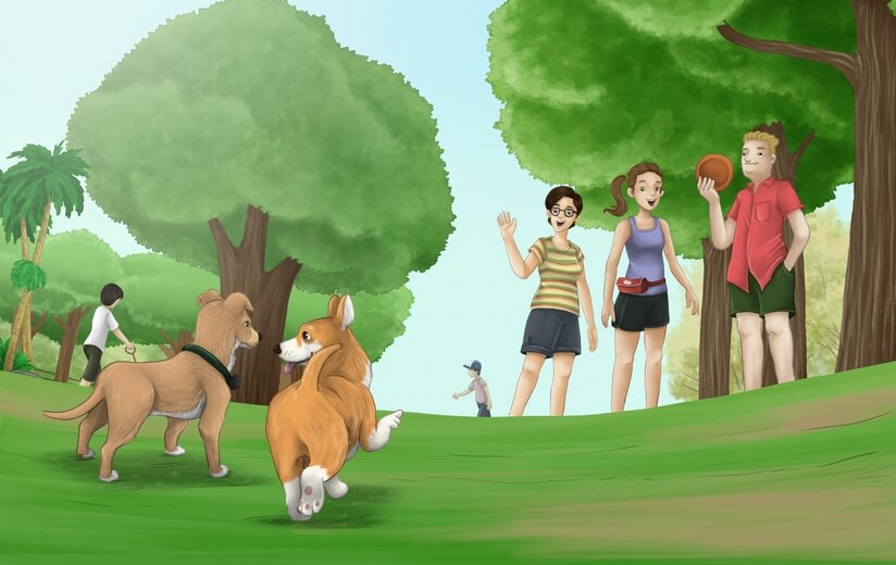 A dog meeting another dog in a park while walking with his human owners.